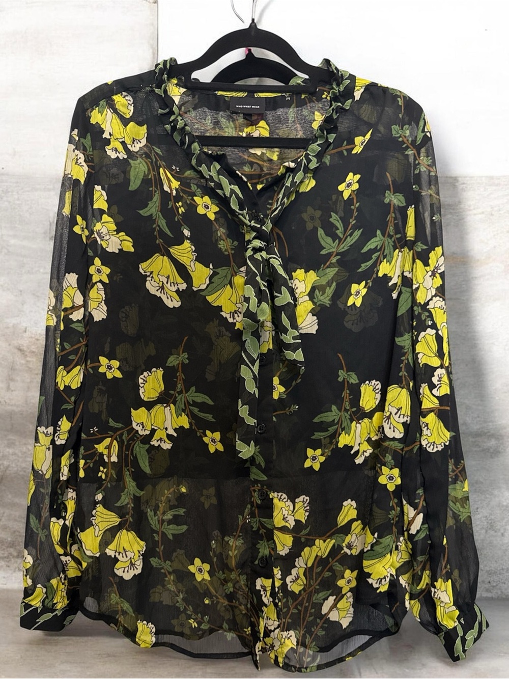 Who What Wear Black Sheer Floral Tie-Neck Blouse with Yellow and Green Blooms